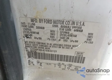 2001 Ford F-250 Xl/Xlt z USA, uszkodzony, nr VIN 1FTNF20L81EB33121